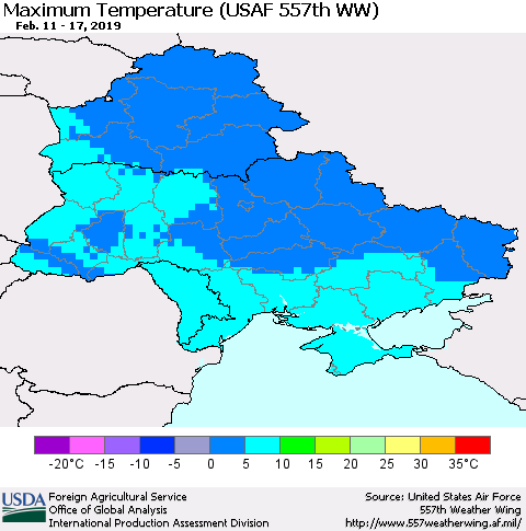 Ukraine, Moldova and Belarus Maximum Temperature (USAF 557th WW) Thematic Map For 2/11/2019 - 2/17/2019