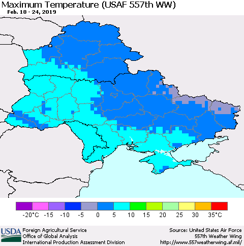 Ukraine, Moldova and Belarus Maximum Temperature (USAF 557th WW) Thematic Map For 2/18/2019 - 2/24/2019