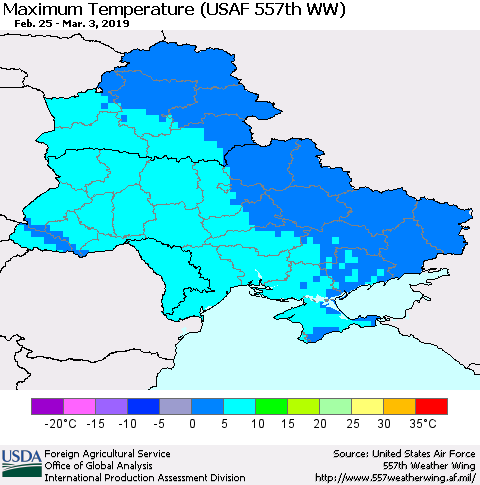 Ukraine, Moldova and Belarus Maximum Temperature (USAF 557th WW) Thematic Map For 2/25/2019 - 3/3/2019