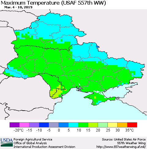 Ukraine, Moldova and Belarus Mean Maximum Temperature (USAF 557th WW) Thematic Map For 3/4/2019 - 3/10/2019