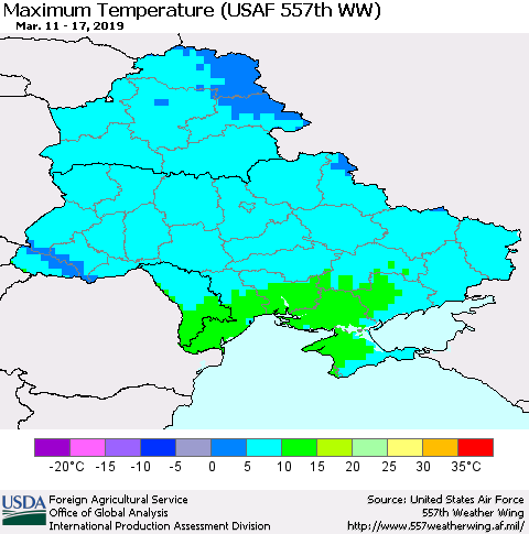 Ukraine, Moldova and Belarus Maximum Temperature (USAF 557th WW) Thematic Map For 3/11/2019 - 3/17/2019