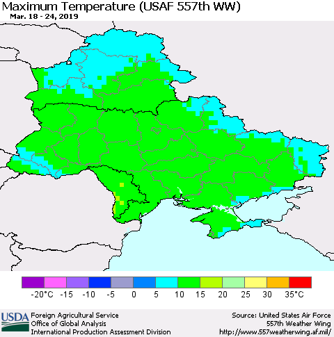 Ukraine, Moldova and Belarus Maximum Temperature (USAF 557th WW) Thematic Map For 3/18/2019 - 3/24/2019
