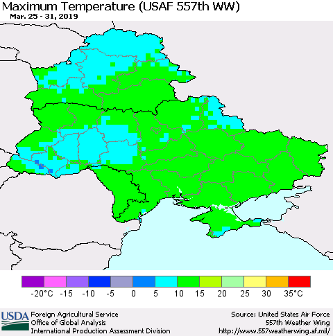 Ukraine, Moldova and Belarus Maximum Temperature (USAF 557th WW) Thematic Map For 3/25/2019 - 3/31/2019