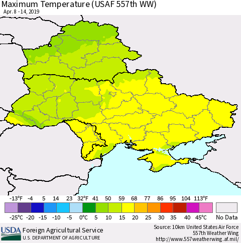 Ukraine, Moldova and Belarus Maximum Temperature (USAF 557th WW) Thematic Map For 4/8/2019 - 4/14/2019