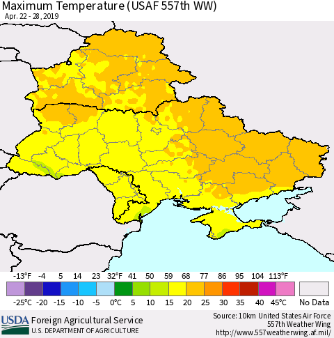 Ukraine, Moldova and Belarus Maximum Temperature (USAF 557th WW) Thematic Map For 4/22/2019 - 4/28/2019