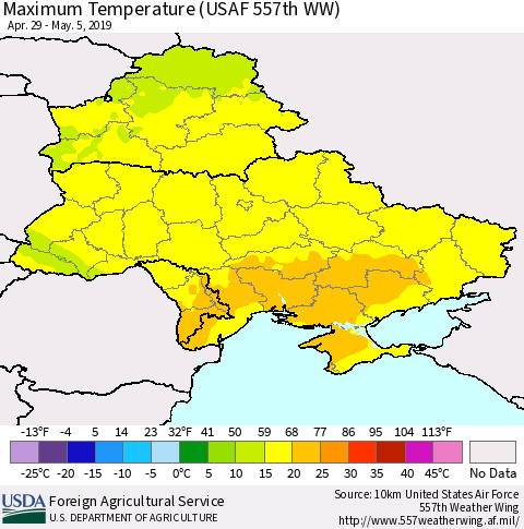 Ukraine, Moldova and Belarus Maximum Temperature (USAF 557th WW) Thematic Map For 4/29/2019 - 5/5/2019