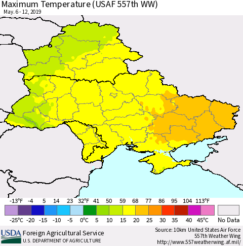 Ukraine, Moldova and Belarus Maximum Temperature (USAF 557th WW) Thematic Map For 5/6/2019 - 5/12/2019