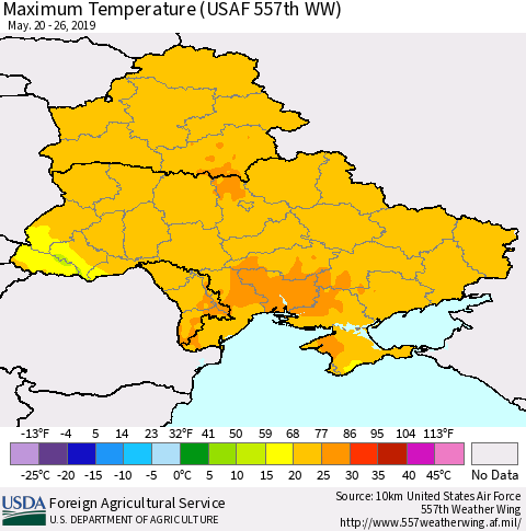 Ukraine, Moldova and Belarus Maximum Temperature (USAF 557th WW) Thematic Map For 5/20/2019 - 5/26/2019