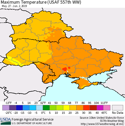 Ukraine, Moldova and Belarus Maximum Temperature (USAF 557th WW) Thematic Map For 5/27/2019 - 6/2/2019