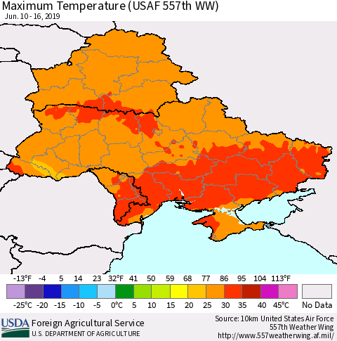 Ukraine, Moldova and Belarus Maximum Temperature (USAF 557th WW) Thematic Map For 6/10/2019 - 6/16/2019