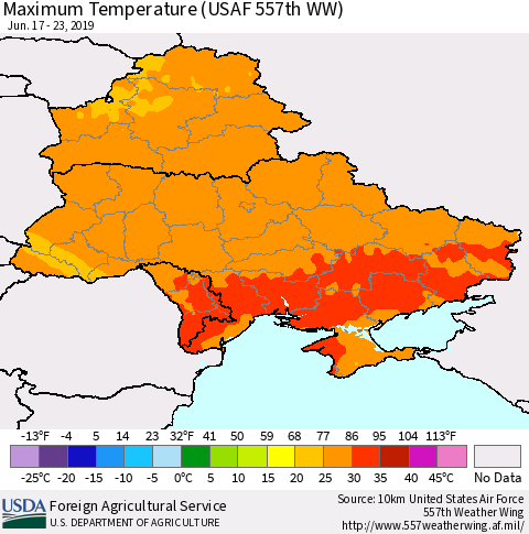 Ukraine, Moldova and Belarus Maximum Temperature (USAF 557th WW) Thematic Map For 6/17/2019 - 6/23/2019