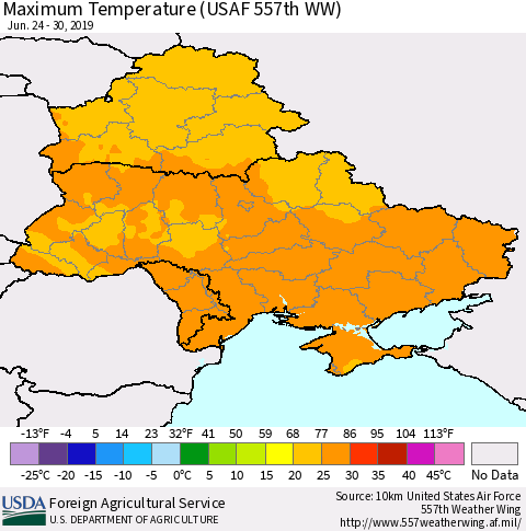 Ukraine, Moldova and Belarus Maximum Temperature (USAF 557th WW) Thematic Map For 6/24/2019 - 6/30/2019
