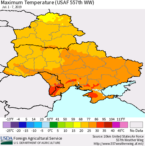 Ukraine, Moldova and Belarus Mean Maximum Temperature (USAF 557th WW) Thematic Map For 7/1/2019 - 7/7/2019