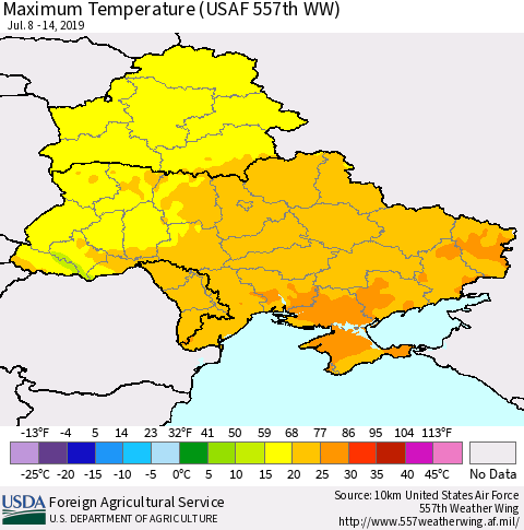 Ukraine, Moldova and Belarus Mean Maximum Temperature (USAF 557th WW) Thematic Map For 7/8/2019 - 7/14/2019