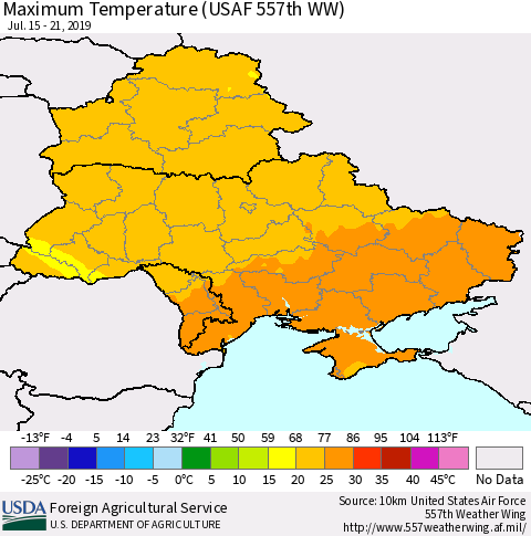 Ukraine, Moldova and Belarus Maximum Temperature (USAF 557th WW) Thematic Map For 7/15/2019 - 7/21/2019