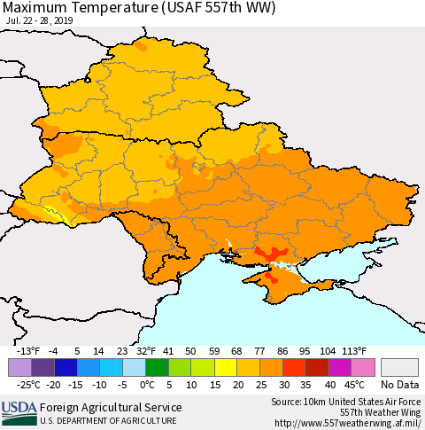 Ukraine, Moldova and Belarus Maximum Temperature (USAF 557th WW) Thematic Map For 7/22/2019 - 7/28/2019