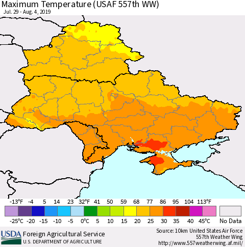 Ukraine, Moldova and Belarus Maximum Temperature (USAF 557th WW) Thematic Map For 7/29/2019 - 8/4/2019