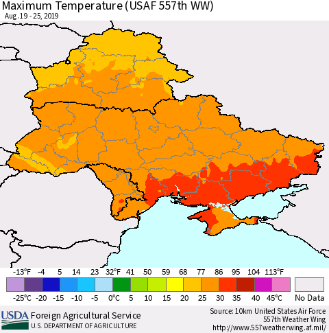 Ukraine, Moldova and Belarus Maximum Temperature (USAF 557th WW) Thematic Map For 8/19/2019 - 8/25/2019