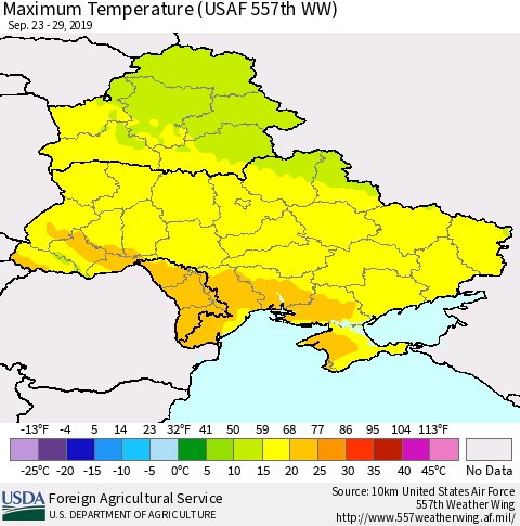 Ukraine, Moldova and Belarus Maximum Temperature (USAF 557th WW) Thematic Map For 9/23/2019 - 9/29/2019