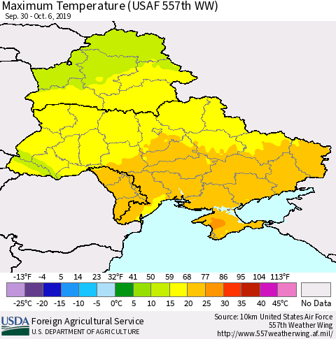 Ukraine, Moldova and Belarus Maximum Temperature (USAF 557th WW) Thematic Map For 9/30/2019 - 10/6/2019