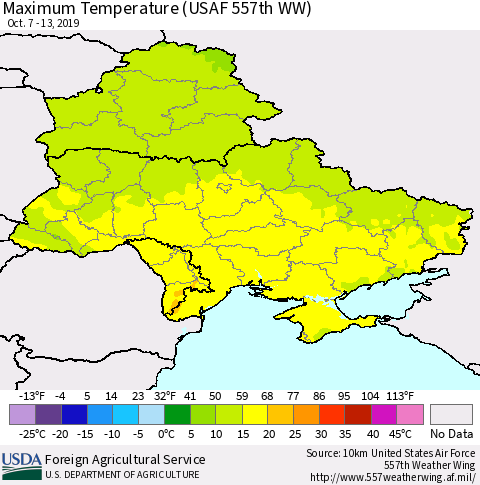 Ukraine, Moldova and Belarus Maximum Temperature (USAF 557th WW) Thematic Map For 10/7/2019 - 10/13/2019