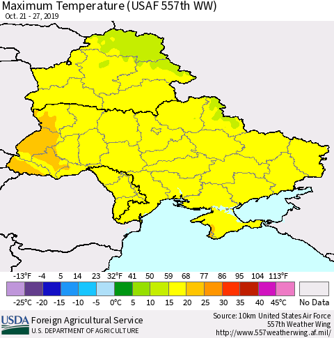 Ukraine, Moldova and Belarus Maximum Temperature (USAF 557th WW) Thematic Map For 10/21/2019 - 10/27/2019