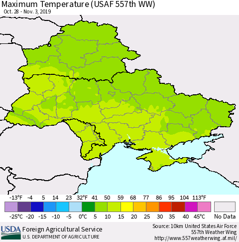 Ukraine, Moldova and Belarus Maximum Temperature (USAF 557th WW) Thematic Map For 10/28/2019 - 11/3/2019