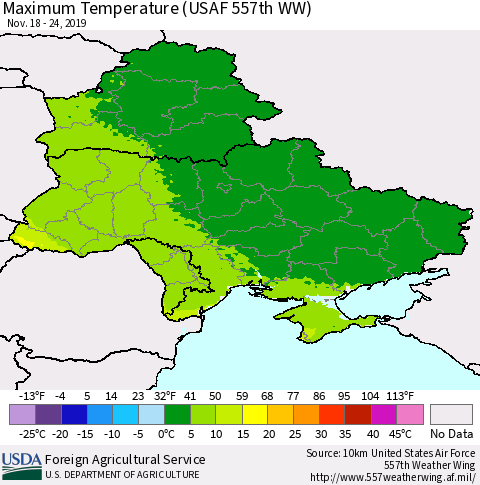 Ukraine, Moldova and Belarus Maximum Temperature (USAF 557th WW) Thematic Map For 11/18/2019 - 11/24/2019