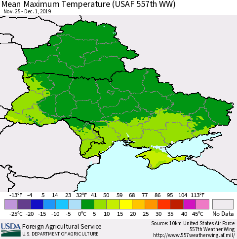 Ukraine, Moldova and Belarus Maximum Temperature (USAF 557th WW) Thematic Map For 11/25/2019 - 12/1/2019
