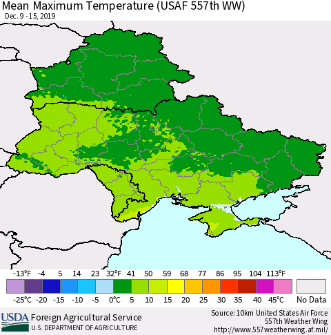 Ukraine, Moldova and Belarus Maximum Temperature (USAF 557th WW) Thematic Map For 12/9/2019 - 12/15/2019