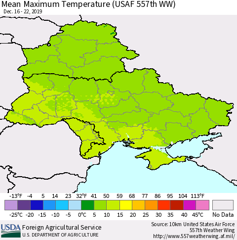 Ukraine, Moldova and Belarus Maximum Temperature (USAF 557th WW) Thematic Map For 12/16/2019 - 12/22/2019