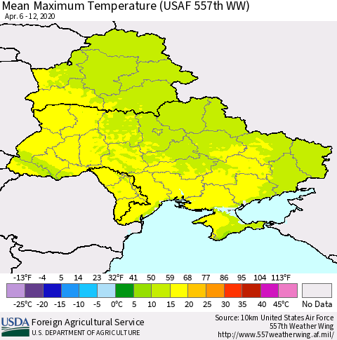 Ukraine, Moldova and Belarus Maximum Temperature (USAF 557th WW) Thematic Map For 4/6/2020 - 4/12/2020