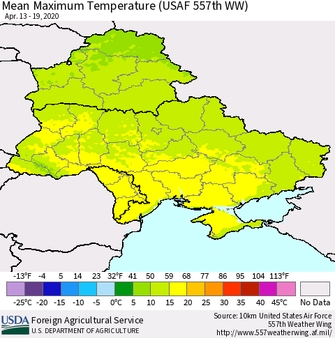 Ukraine, Moldova and Belarus Maximum Temperature (USAF 557th WW) Thematic Map For 4/13/2020 - 4/19/2020
