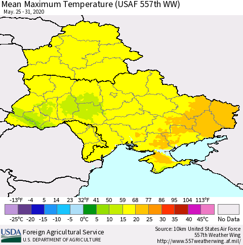 Ukraine, Moldova and Belarus Maximum Temperature (USAF 557th WW) Thematic Map For 5/25/2020 - 5/31/2020