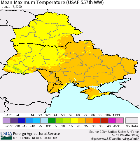 Ukraine, Moldova and Belarus Maximum Temperature (USAF 557th WW) Thematic Map For 6/1/2020 - 6/7/2020
