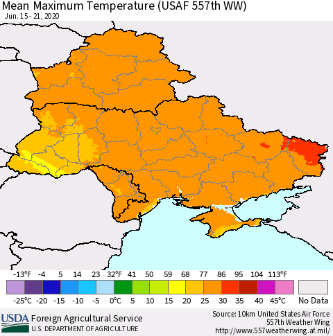 Ukraine, Moldova and Belarus Maximum Temperature (USAF 557th WW) Thematic Map For 6/15/2020 - 6/21/2020