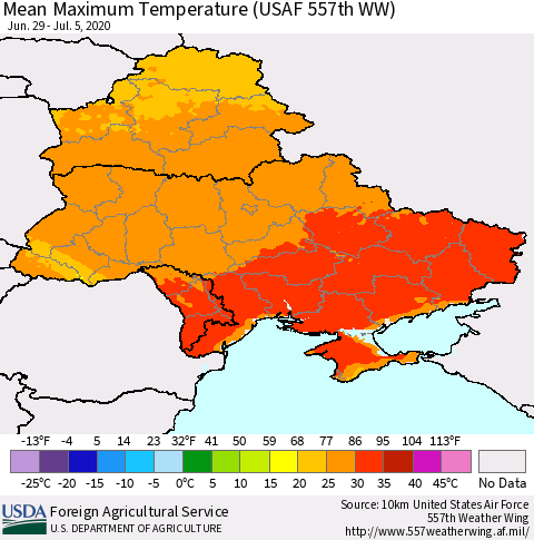 Ukraine, Moldova and Belarus Maximum Temperature (USAF 557th WW) Thematic Map For 6/29/2020 - 7/5/2020
