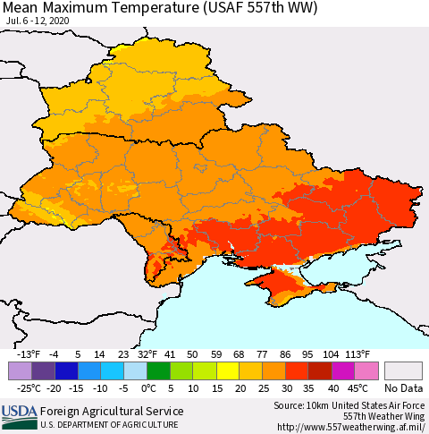 Ukraine, Moldova and Belarus Maximum Temperature (USAF 557th WW) Thematic Map For 7/6/2020 - 7/12/2020