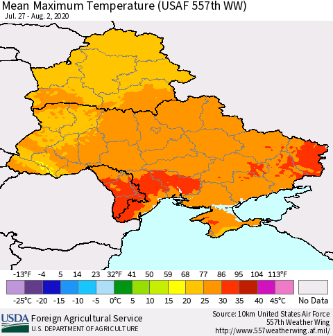 Ukraine, Moldova and Belarus Maximum Temperature (USAF 557th WW) Thematic Map For 7/27/2020 - 8/2/2020