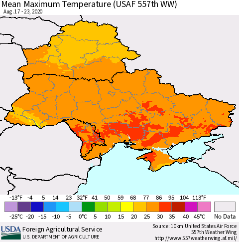 Ukraine, Moldova and Belarus Mean Maximum Temperature (USAF 557th WW) Thematic Map For 8/17/2020 - 8/23/2020