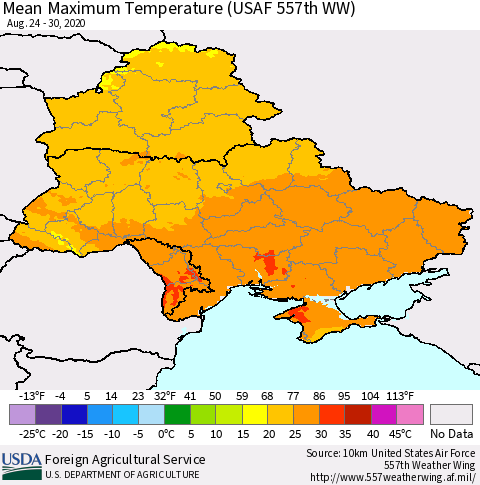 Ukraine, Moldova and Belarus Maximum Temperature (USAF 557th WW) Thematic Map For 8/24/2020 - 8/30/2020