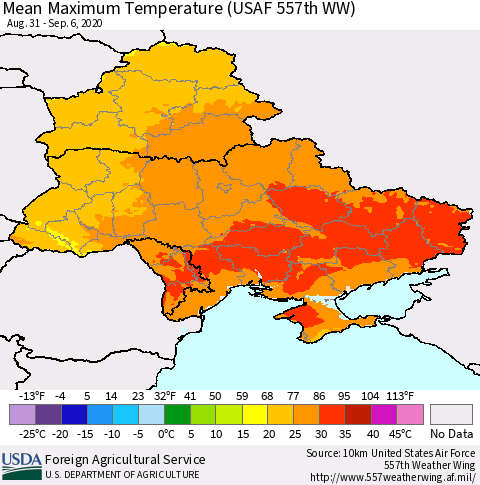 Ukraine, Moldova and Belarus Maximum Temperature (USAF 557th WW) Thematic Map For 8/31/2020 - 9/6/2020