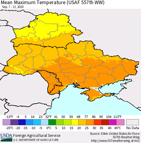 Ukraine, Moldova and Belarus Mean Maximum Temperature (USAF 557th WW) Thematic Map For 9/7/2020 - 9/13/2020
