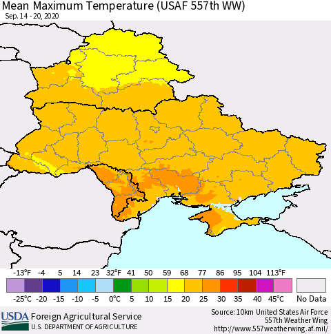 Ukraine, Moldova and Belarus Maximum Temperature (USAF 557th WW) Thematic Map For 9/14/2020 - 9/20/2020