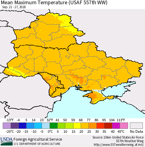 Ukraine, Moldova and Belarus Mean Maximum Temperature (USAF 557th WW) Thematic Map For 9/21/2020 - 9/27/2020