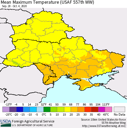 Ukraine, Moldova and Belarus Maximum Temperature (USAF 557th WW) Thematic Map For 9/28/2020 - 10/4/2020