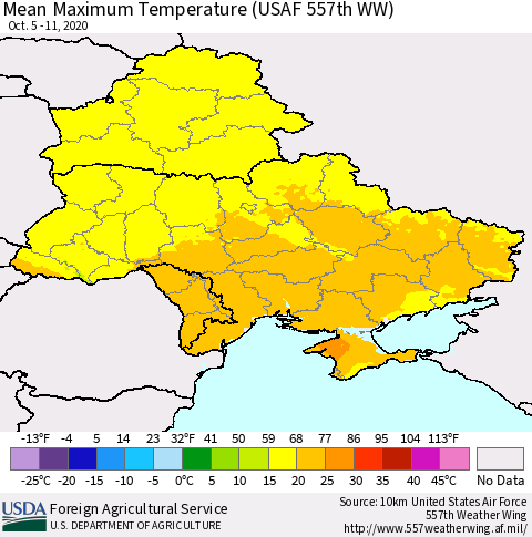 Ukraine, Moldova and Belarus Maximum Temperature (USAF 557th WW) Thematic Map For 10/5/2020 - 10/11/2020
