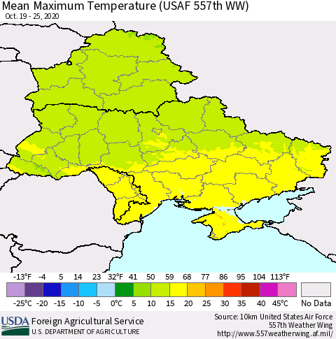 Ukraine, Moldova and Belarus Maximum Temperature (USAF 557th WW) Thematic Map For 10/19/2020 - 10/25/2020