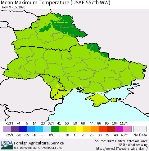 Ukraine, Moldova and Belarus Maximum Temperature (USAF 557th WW) Thematic Map For 11/9/2020 - 11/15/2020