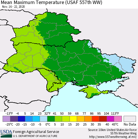 Ukraine, Moldova and Belarus Maximum Temperature (USAF 557th WW) Thematic Map For 11/16/2020 - 11/22/2020